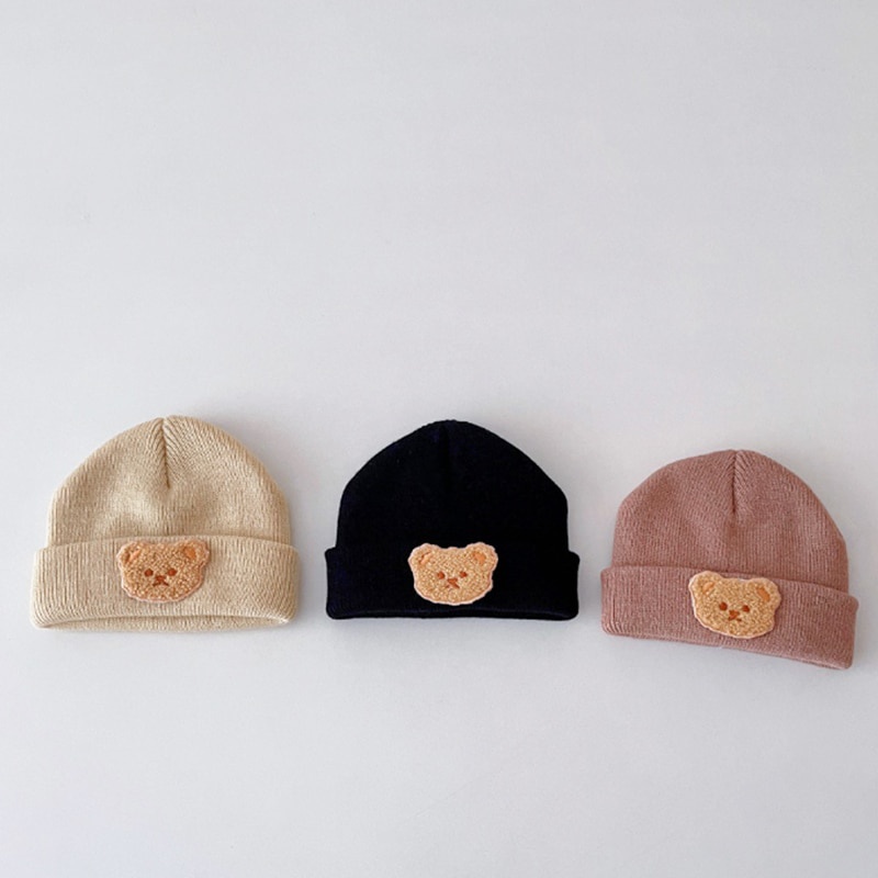 Mũ Beanie Dệt Kim Mềm Mại Màu Trơn Hình Gấu Hoạt Hình Hàn Quốc Giữ Ấm Mùa Đông Cho Trẻ Sơ Sinh