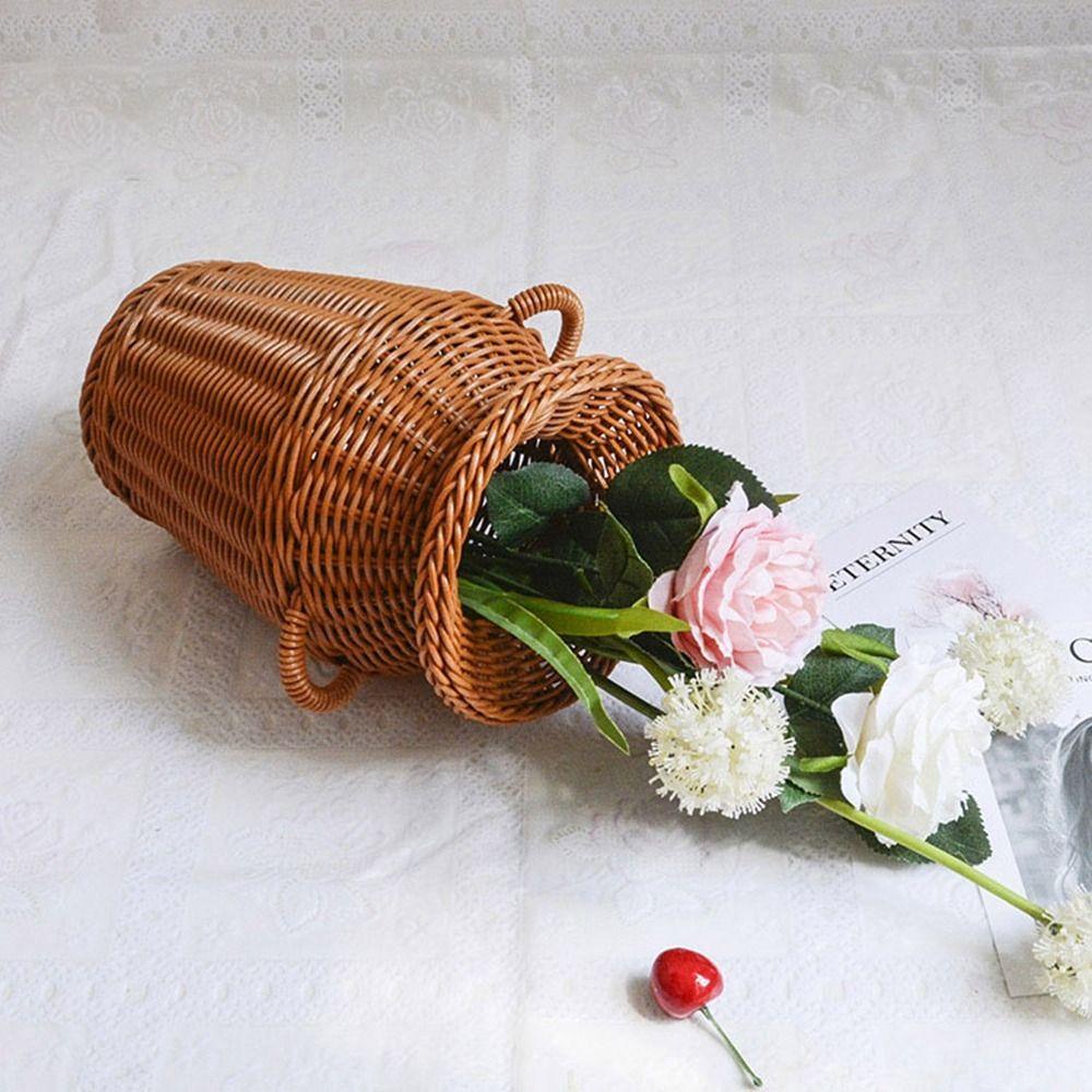 Bình Hoa Đan Mây Thủ Công Có Tay Cầm Bằng Nhựa Nghệ Thuật Trang Trí Bàn Làm Việc