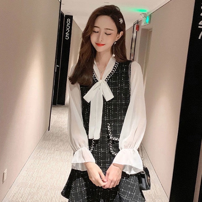 [SẴN] SET váy dạ tweed và áo sơ mi nơ tiểu thư xinh xắn | BigBuy360 - bigbuy360.vn