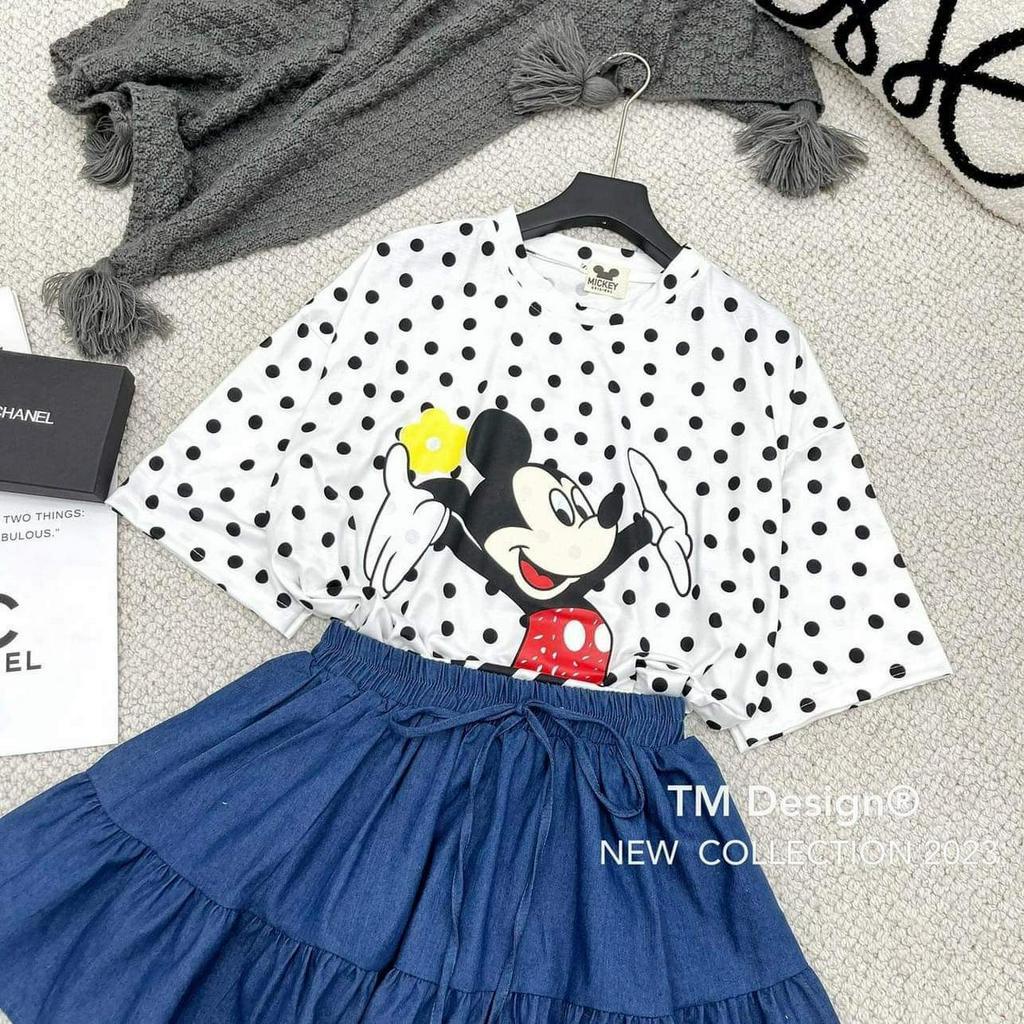 Set Bộ Đồ Nữ Áo Phông Chấm Bi Mickey Mix Chân Váy Bò Giấy Xòe Dáng Ngắn Freesize