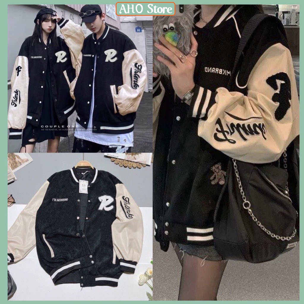 Áo Khoác Bomber Nam Nữ Phối Tay Da Chữ R Áo Khoác Nhung Tăm Form Rộng Tay Bồng Cúc Bấm