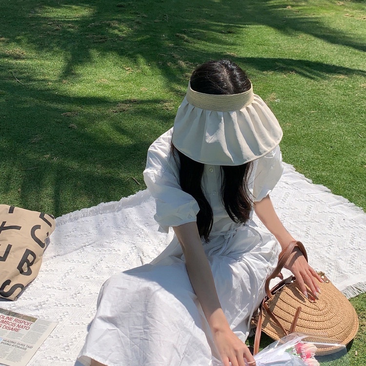 Nón Cói Hở Đầu Phối Vải Hoa Văn 2 Mặt Vành Rộng Kiểu Hàn