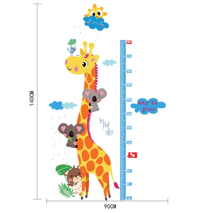Decal dán tường thước đo hươn cao cổ và chú gấu