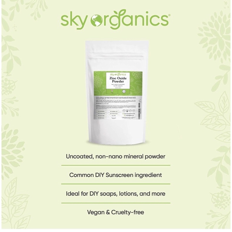 Bột kẽm oxit 100% nguyên chất Sky Organics Uncoated Non-Nano Zinc Oxide Mineral Powder 454gr USA