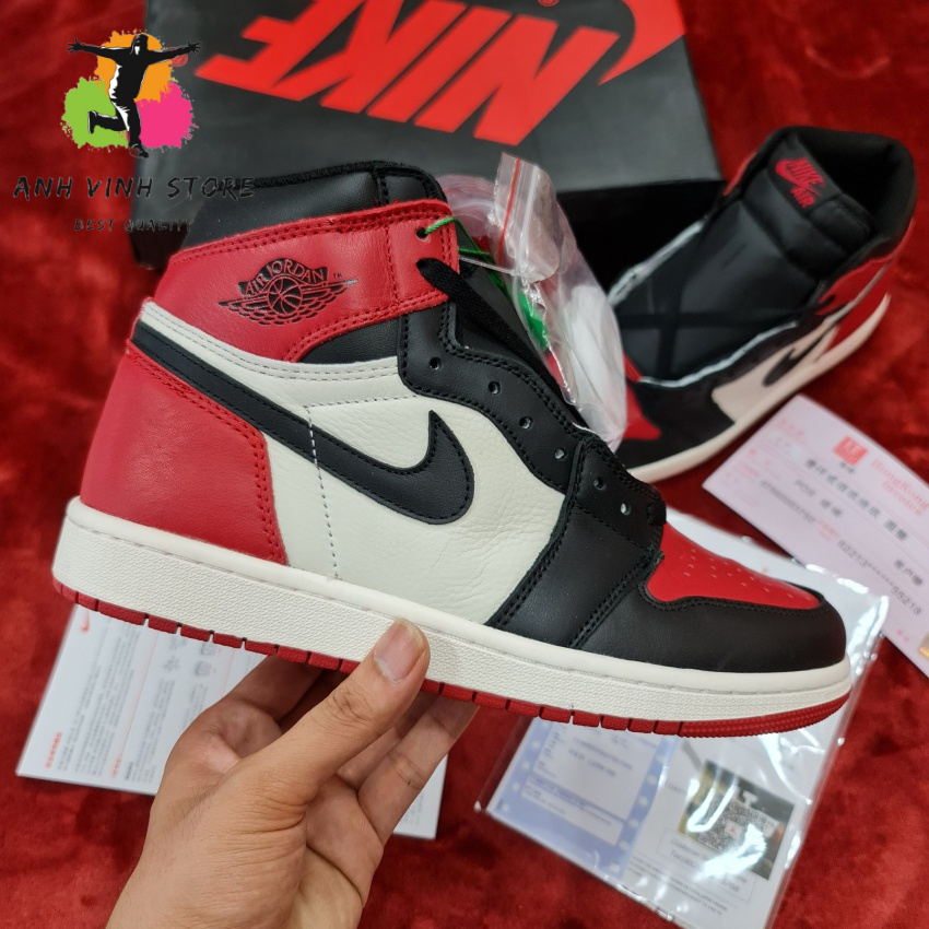Giày Jordan 1 High Bred Toe Đỏ Đen Nam Nữ Cổ Cao