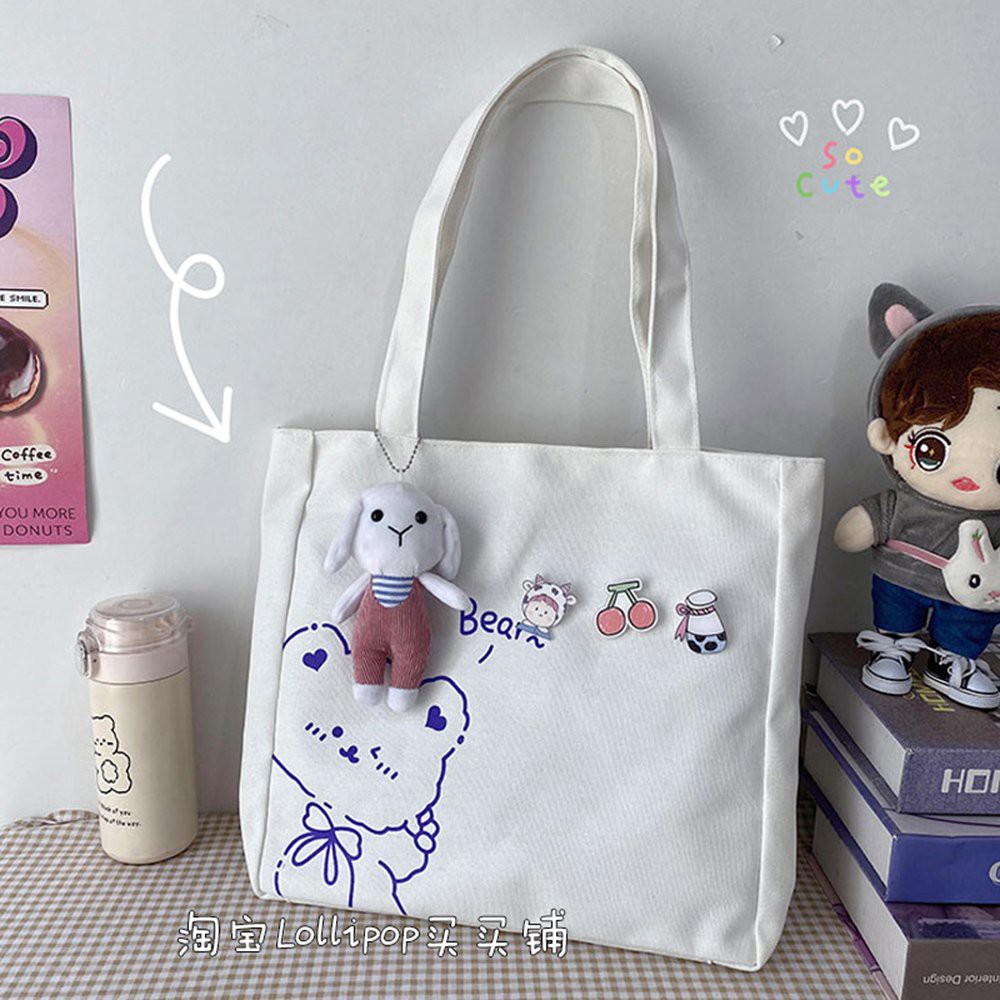 Túi vải tote canvas in hình chú gấu Bear xinh xắn dễ thương phong cách Hàn Quốc