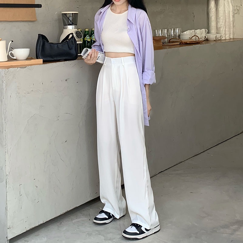 QKOOLE  Quần Dài Nữ Lưng Cao Ống Đứng Thời Trang Hàn Quốc