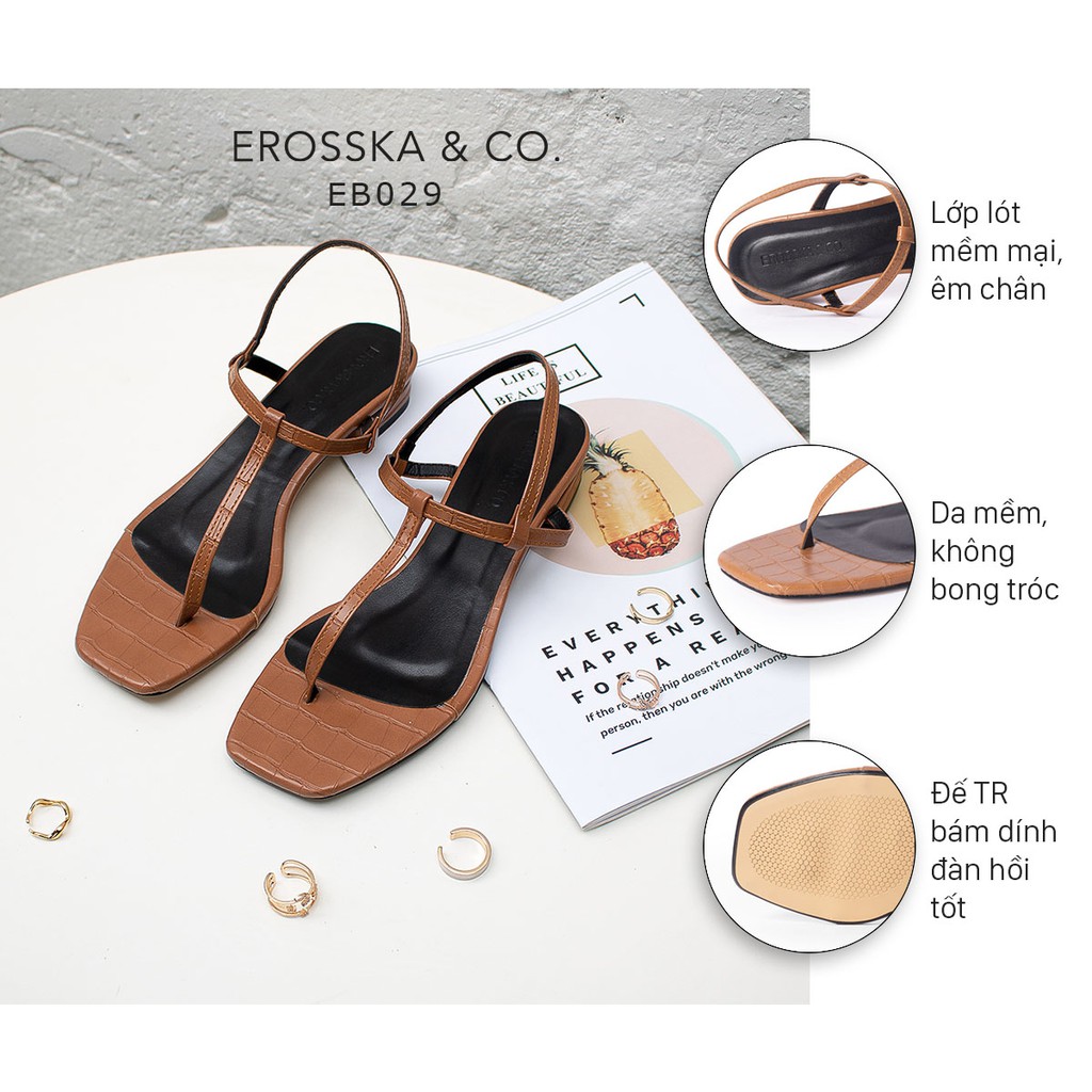 Giày sandal cao gót Erosska mũi vuông phối dây quai mảnh cao 1cm màu nâu - EB029