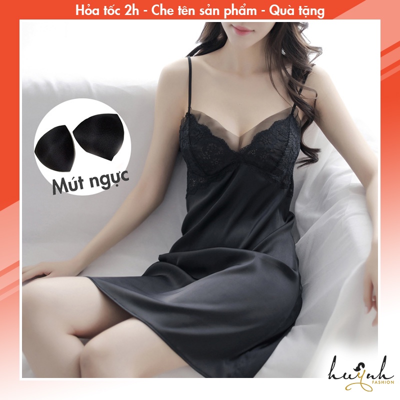 Đầm ngủ hai lây lụa phối ren có đệm ngực - N70