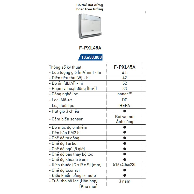 Máy lọc không khí và tạo ẩm F-PXL45A - Panasonic