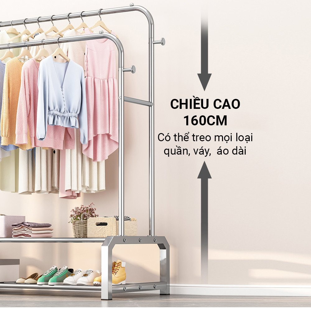 Giá Kệ Treo Quần Áo, Giàn Phơi Đồ 2 Thanh 2 Tầng Thông Minh 3 Trong 1 Phong Cách Hàn Quốc - TỔNG KHO PHÍA NAM