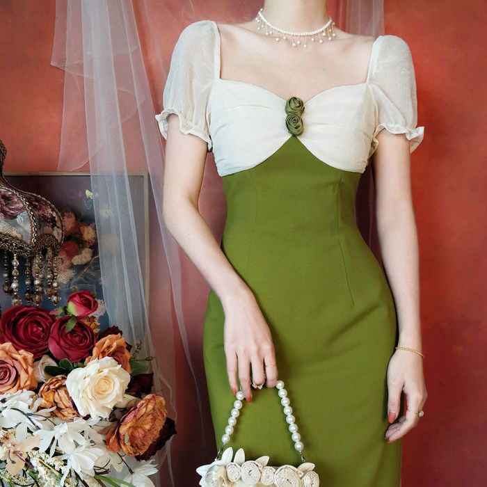 Đầm dáng dài IELGY màu xanh lá phong cách Pháp thời trang mùa hè xinh xắn cho nữ