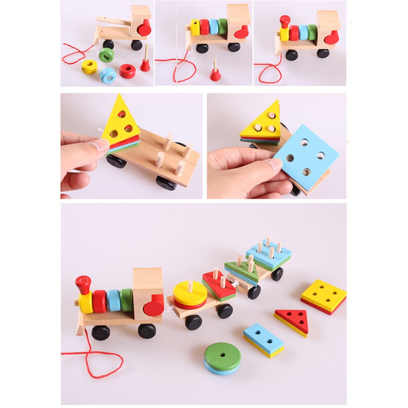 Đồ chơi montessori tàu hỏa nhiều màu sắc chở khối gỗ thả hình trụ cho bé