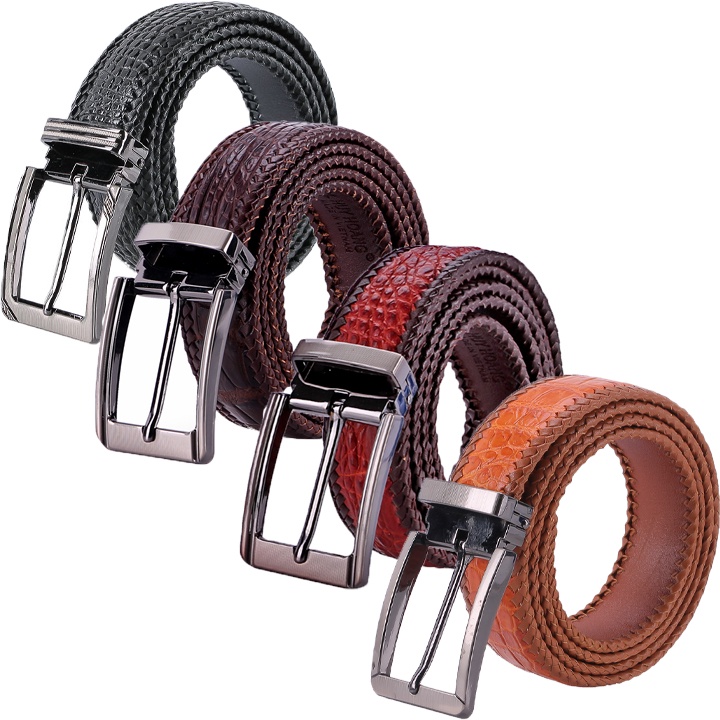 Thắt lưng nam da cá sấu đan viền 3,5P đầu kim màu đen, nâu đất, nâu đỏ, vàng bò HP4276-77-78-79