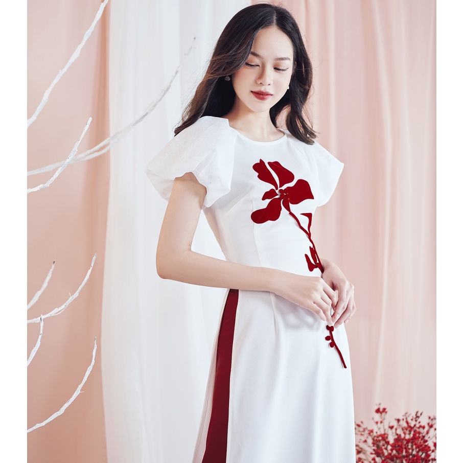 Áo dài cách tân cổ thuyền LOLEM SQ027 họa tiết hoa địa lan tay bồng vãi đũi Hàn