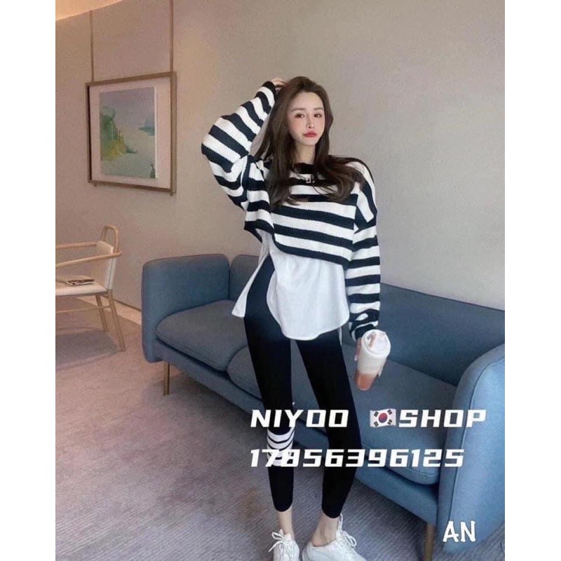 Set 3 món gồm ( áo kẻ croptop + áo lụa đuôi xẻ + quần legging
