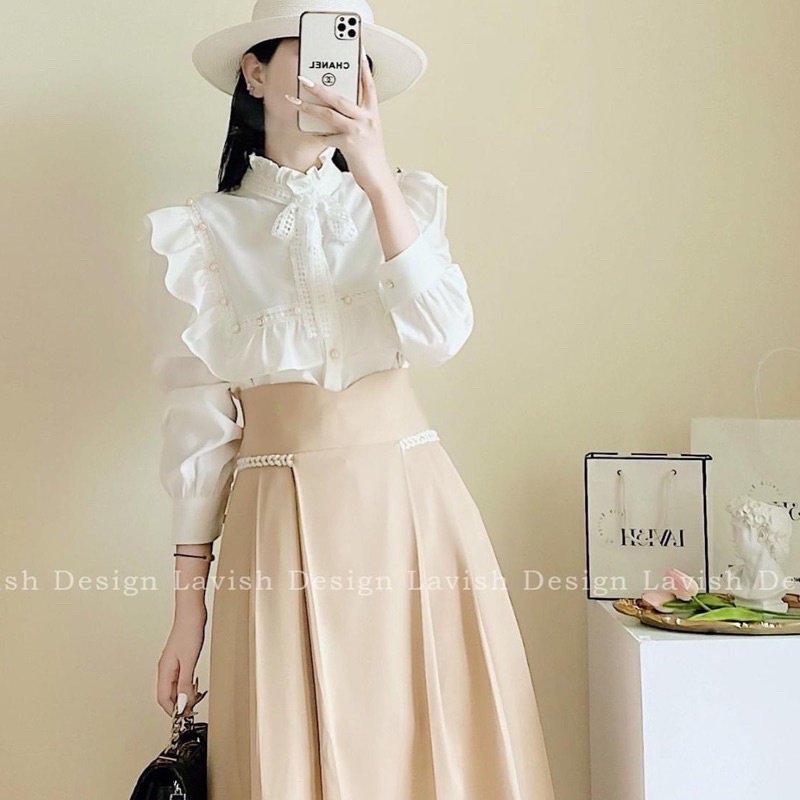Áo sơ mi bèo cổ ren cúc ngọc KH093, áo sơ mi bèo cổ nơ tiểu thư cho nữ hàng Quảng Châu