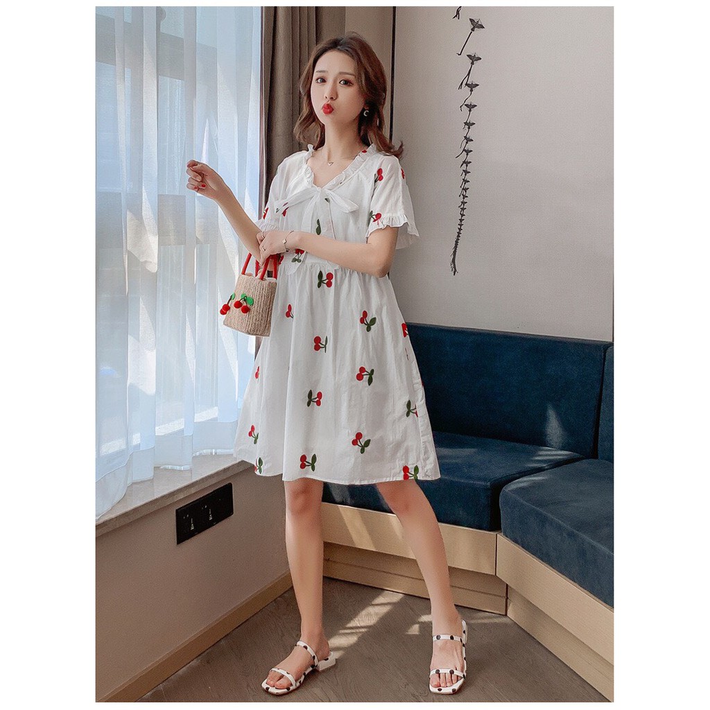 Váy Tiểu Thư, Họa Tiết Cherry, Kiểu Dáng Babydoll