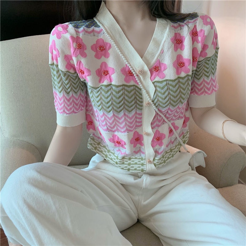 Áo Dệt Kim Tay Ngắn Cổ Chữ v Thiết Kế Đục Lỗ Thời Trang Cho Nữ  tao bao