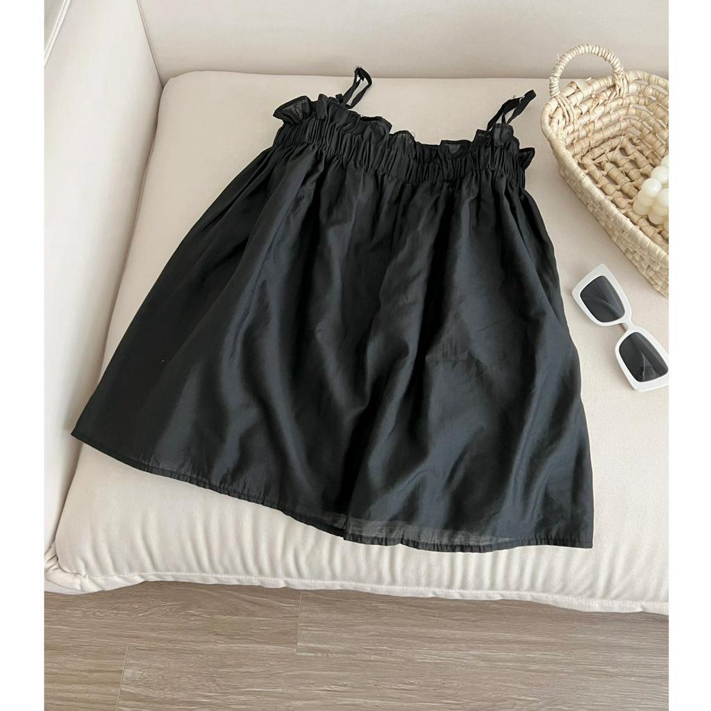 Áo kiểu nữ, Áo babydoll chất thô 2 lớp vintage có dây điều chỉnh màu kem đen Hàn Quốc SM171