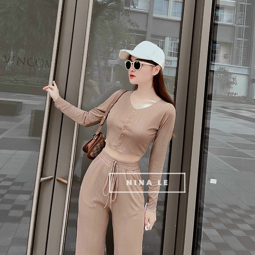 Sét bộ đồ nữ thun gân tay dài cá tính năng động thích hợp mặc ở nhà và đi chơi  ( Hàng Xịn )