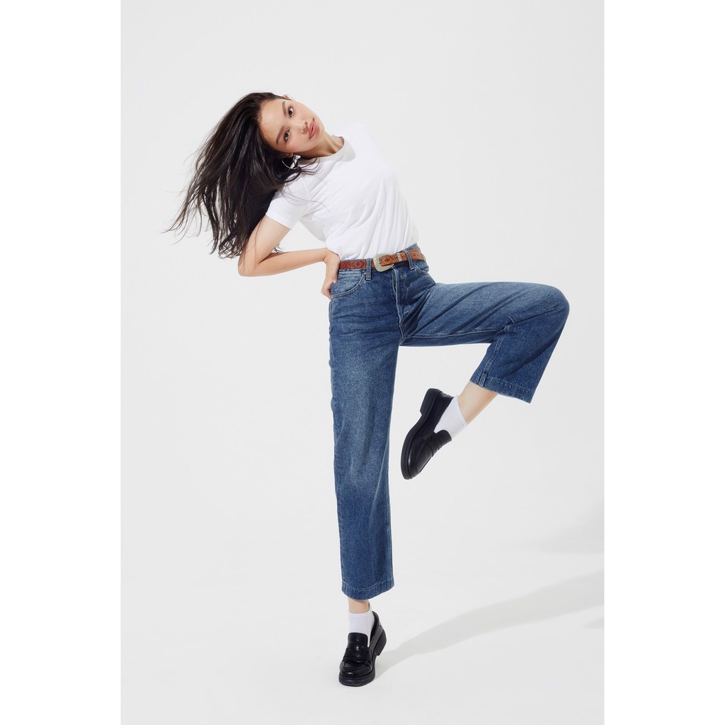 TheBlueTshirt - Quần Jeans Lưng Cao Nữ Ống Rộng Màu Đậm - The Original Dad Jeans Dark Blue Wash