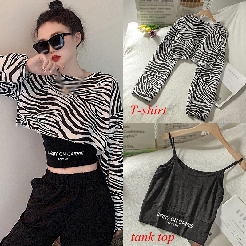 Áo Thun Lửng Tay Dài Dáng Rộng In Họa Tiết Ngựa Vằn Cá Tính Cho Nữ