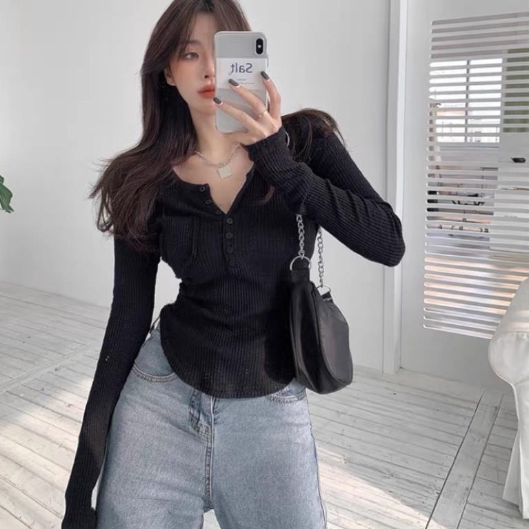 Giá Sỉ Áo Thun Body Nữ Khuy Ngực Dáng Ôm Dài Tay Túi Trước 3 Màu Cực Xinh