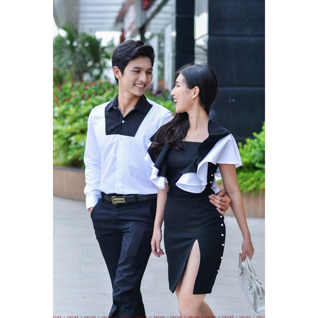 Đồ đôi Đầm Sơ Mi Couple Black Chest White Shirt &amp; Pearls Line Dress HAVIAS