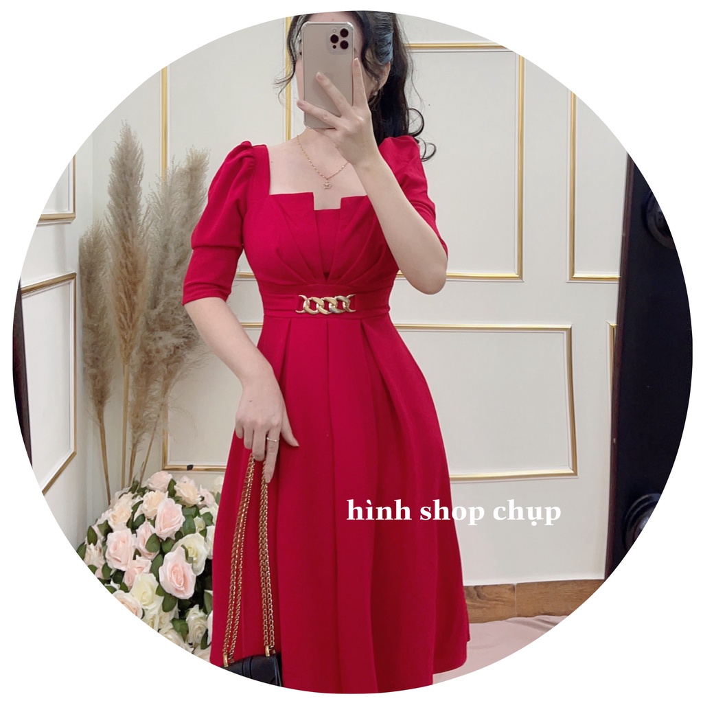 Đầm nữ dự tiệc màu đỏ thiết kế dáng xòe cổ vuông mới sang trọng- Thời Trang VADA (Đ2000)