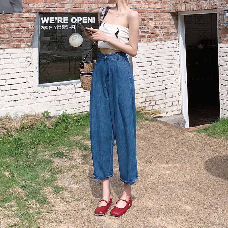 Quần Jean Ống Rộng Lưng Cao Phong Cách Hàn Quốc