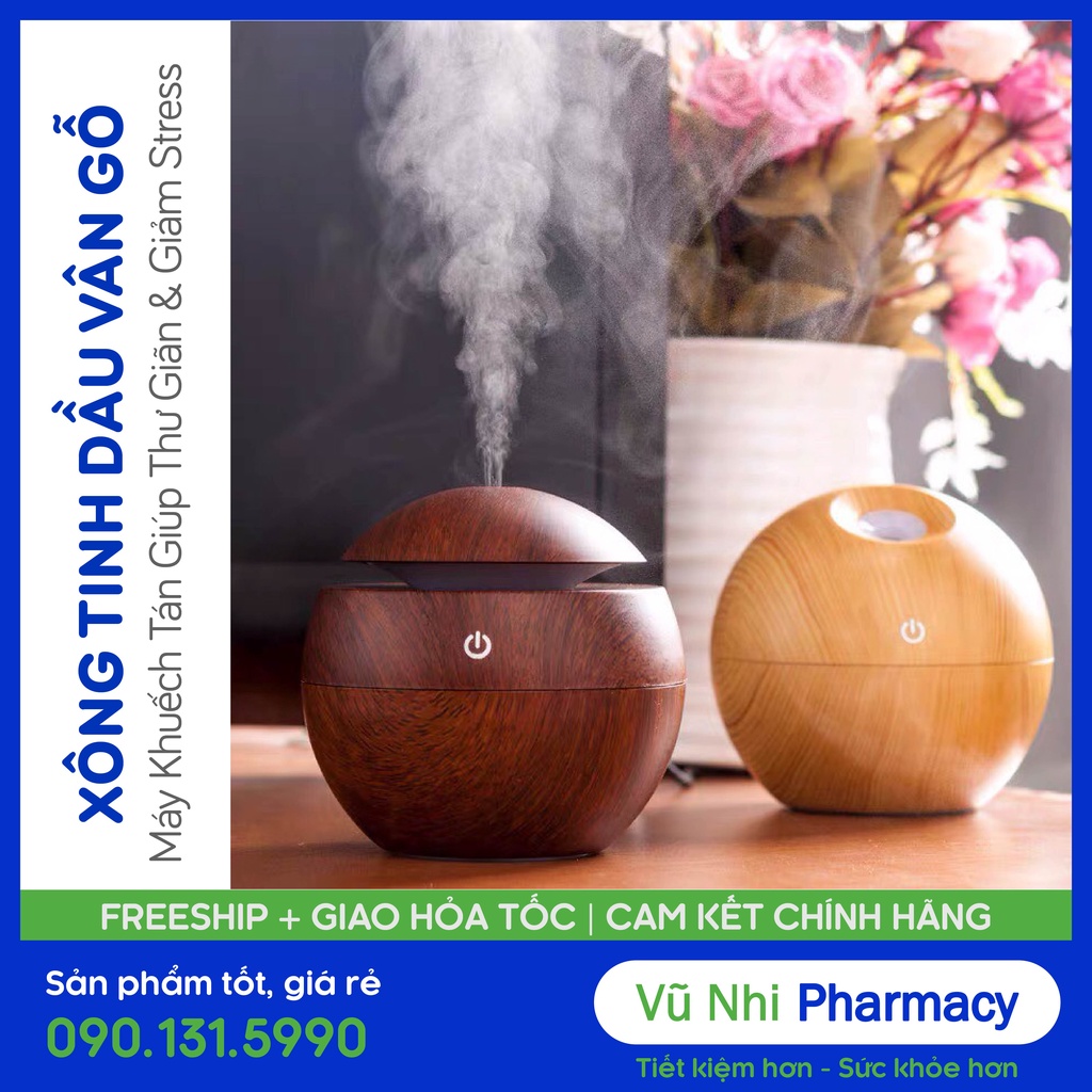 Máy phun tinh dầu mini phun sương tạo ẩm giá rẻ,Bình khuếch tán tinh dầu vân gỗ tròn 130ml,Tặng tinh dầu xanh 10ml