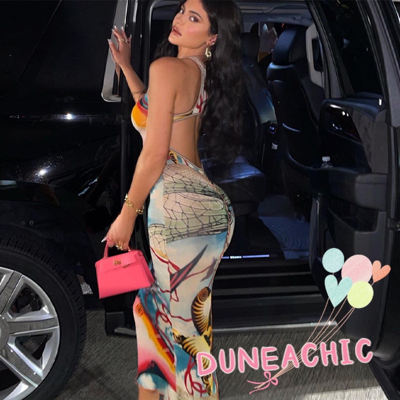 DUNEA Đầm Tank Top Hở Lưng In Họa Tiết Thời Trang Cho Nữ
