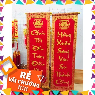 1 đôi câu đối đỏ, liễng trang trí tết 35x100cm in chữ Việt Nam làm từ vải nhung đẹp