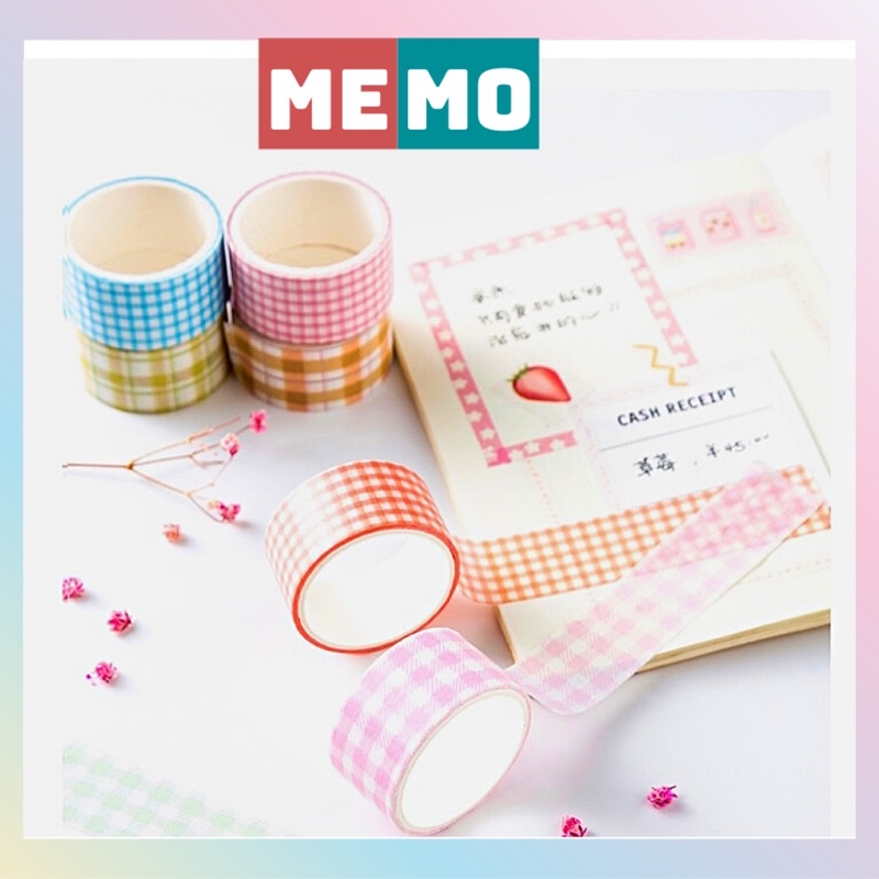 Washi tape cute MEMO, băng dính hộp 4 cuộn caro trang trí làm sổ bullet journal