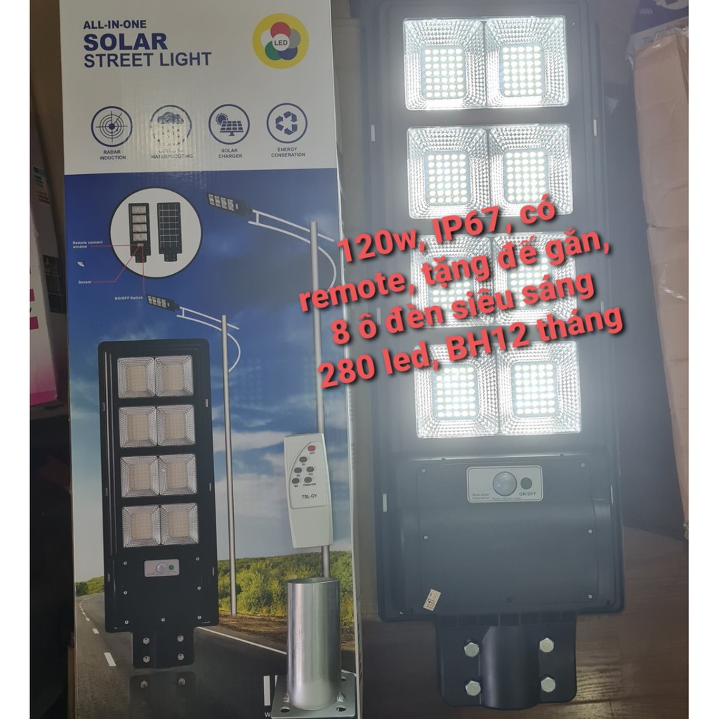 Có REMOTE + Tặng cần - Đèn năng lượng mặt trời liền thể công suất 120w  - Bảo hành 12 tháng
