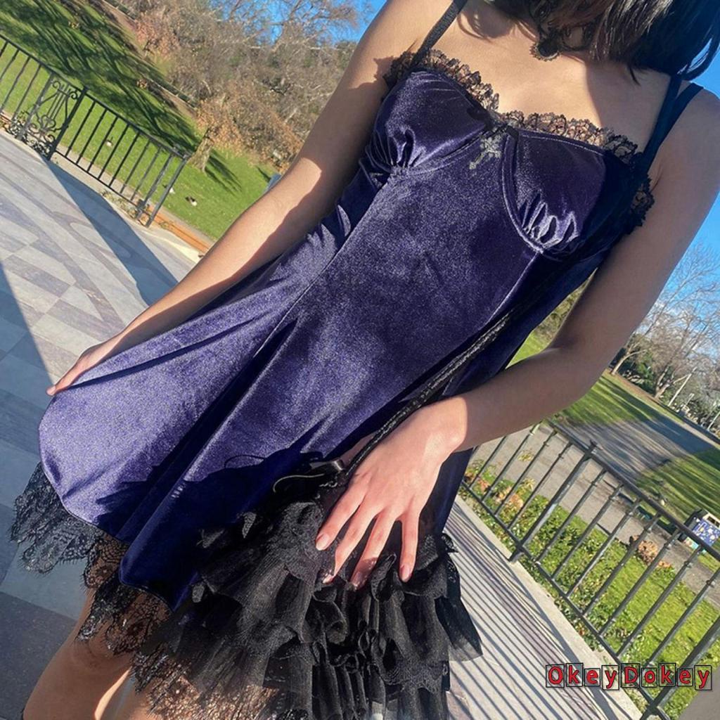 Đầm nhung hai dây cổ chữ V viền ren thắt nơ thời trang cho nữ