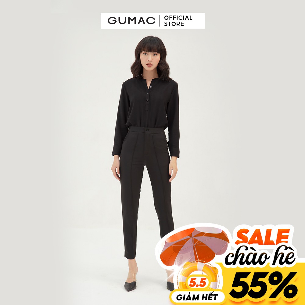 Áo sơ mi nữ cổ tròn mổ trụ GUMAC màu đen, đủ size, đồ công sở thanh lịch, sang trọng AB351