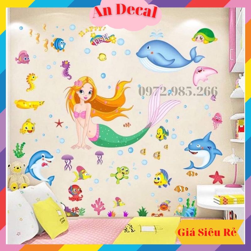 Combo 2 tranh decal, decal dán tường trang trí phòng, nhà tắm cho bé gái nàng tiên cá vui đùa cùng đàn cá đại dương