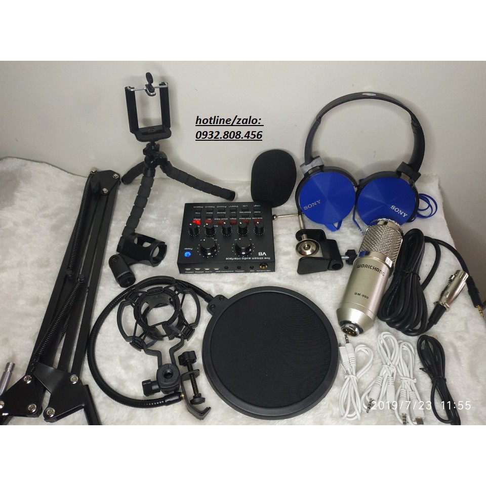 Soundcard v8 + micro whoaichang bm900 + tripod 3120 A xịn + tai nghe sony ...