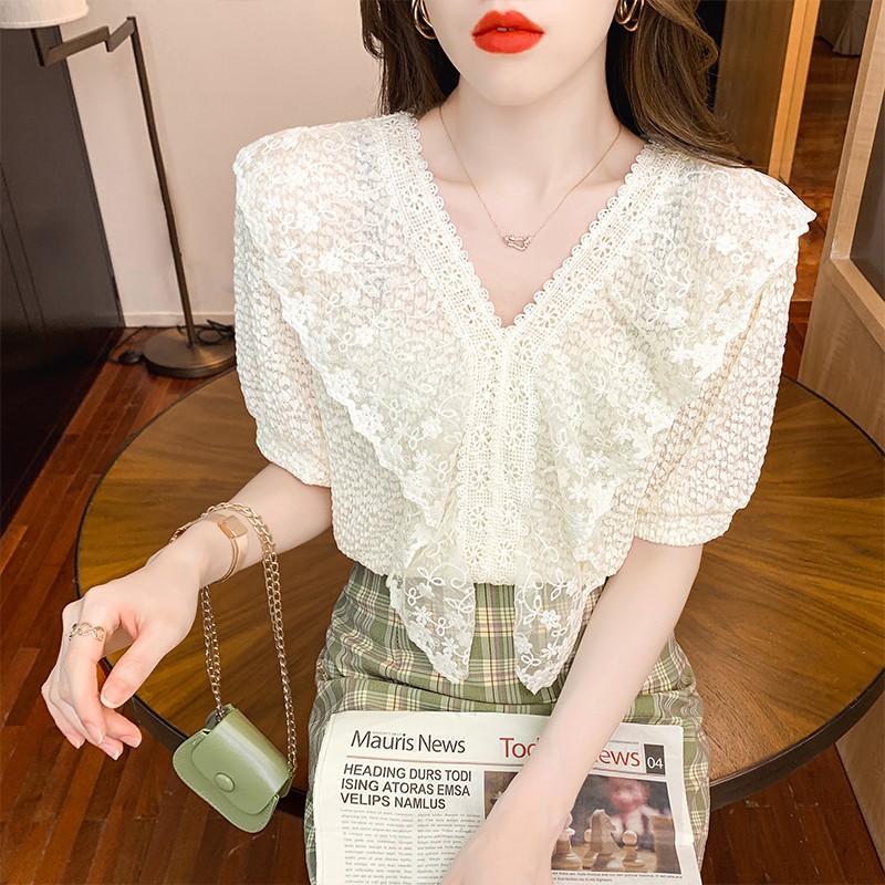 🌟Áo Kiểu Tay Ngắn Cổ Chữ v Phối Ren Mỏng 2021 Phong Cách | BigBuy360 - bigbuy360.vn