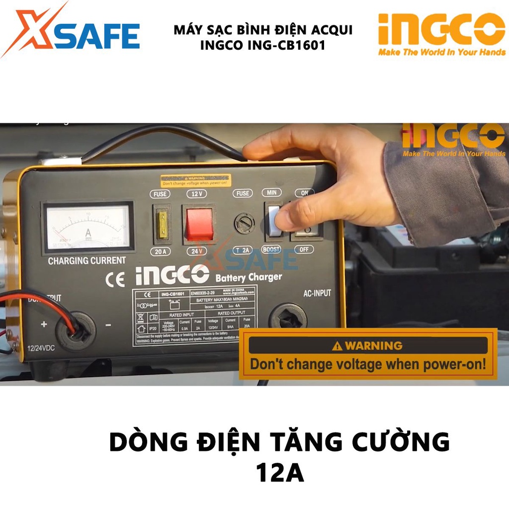 Máy sạc bình điện ắc quy INGCO ING-CB1601 Máy sạc ắc quy điện áp nạp vào 12/24V, cấp độ cách nhiệt H - Chính hãng