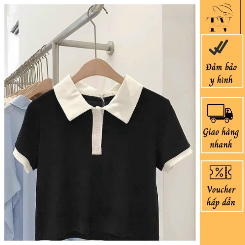 Áo Thun Polo Croptop Nữ Cổ Trụ Phối Màu Đen Cổ Tròn Tay Ngắn - Trắng - Mã: 70🍓TV - Fashion