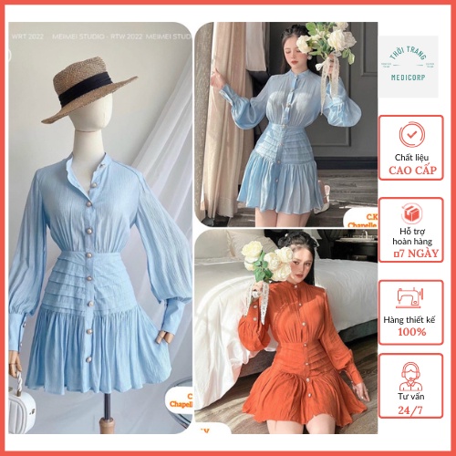 Váy xốp đũi dài tay dáng sơ mi liền chân váy xếp ly xòe nhẹ Phong cách Hàn tiểu thư