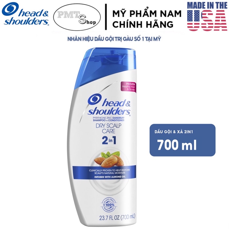 Dầu gội xả 2in1 Head &amp; Shoulders Mỹ 700ml Classic Dry Scalp Care Smooth &amp; Silky Pure Sport 650ml sạch gàu