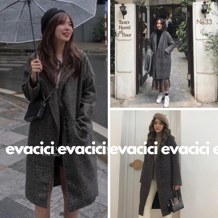 {Evacici} Áo khoác dạ nữ dáng dài 2 lớp 1 hàng khuy chất dày ấm áp form rộng Hàn Quốc. Áo khoác dạ nữ cổ vest