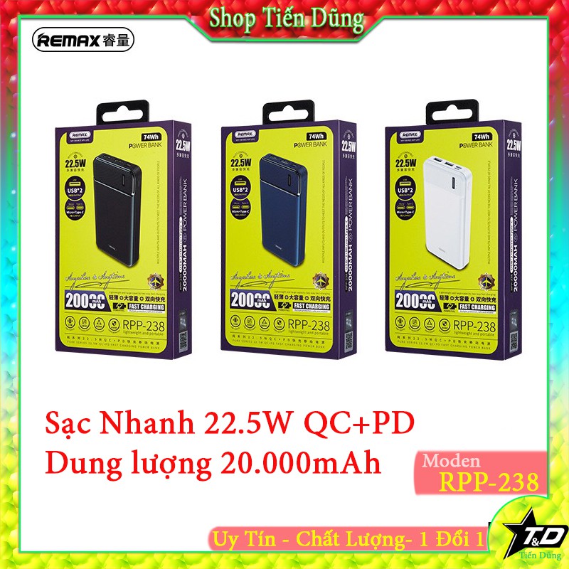 Pin sạc dự phòng 20000mAh 22.5w QC + PD remax RPP 238 có 2 cổng USB