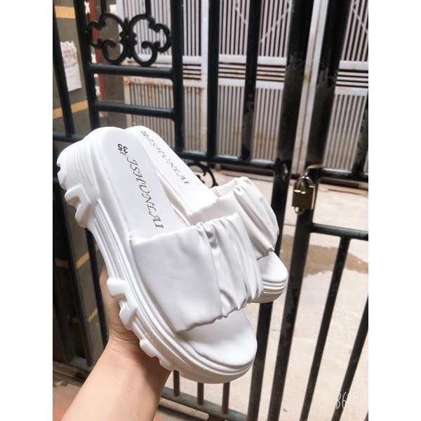 Dép lê nữ quai ngang da nhăn gót răng cưa 3p, dép nữ thời trang nhún bèo mẫu mới mã d10