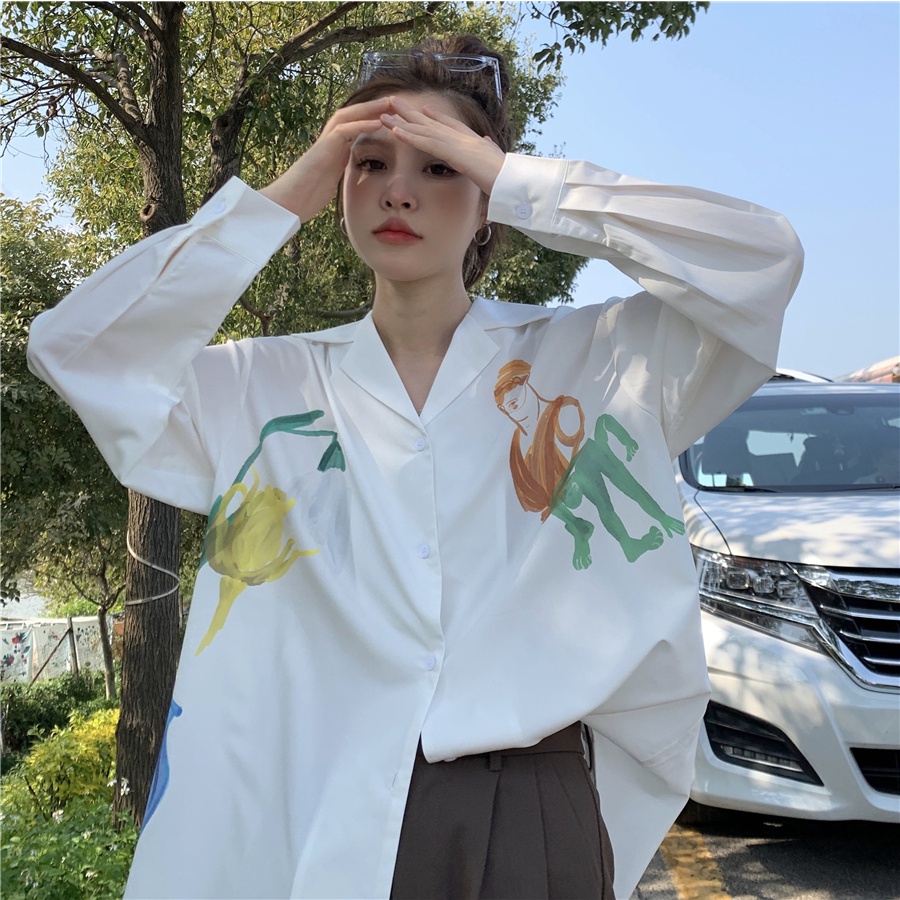 Áo Sơ Mi Nữ Tay Dài Dáng Rộng Cổ Polo In Họa Tiết Phong Cách Hàn Quốc