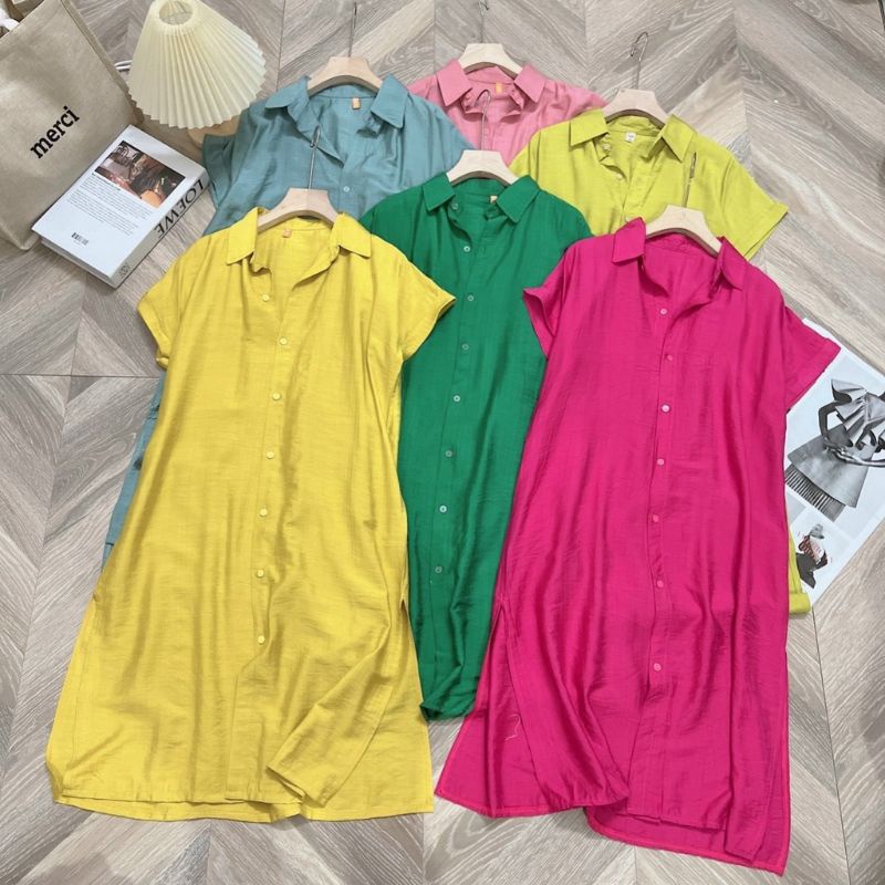 Váy sơ mi đũi trơn dáng dài bốn màu hồng, vàng, xanh lá, xanh ngọc